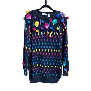 Bonnie Boerer & Company Black Multi Tunic Christmas Sweater Size Large